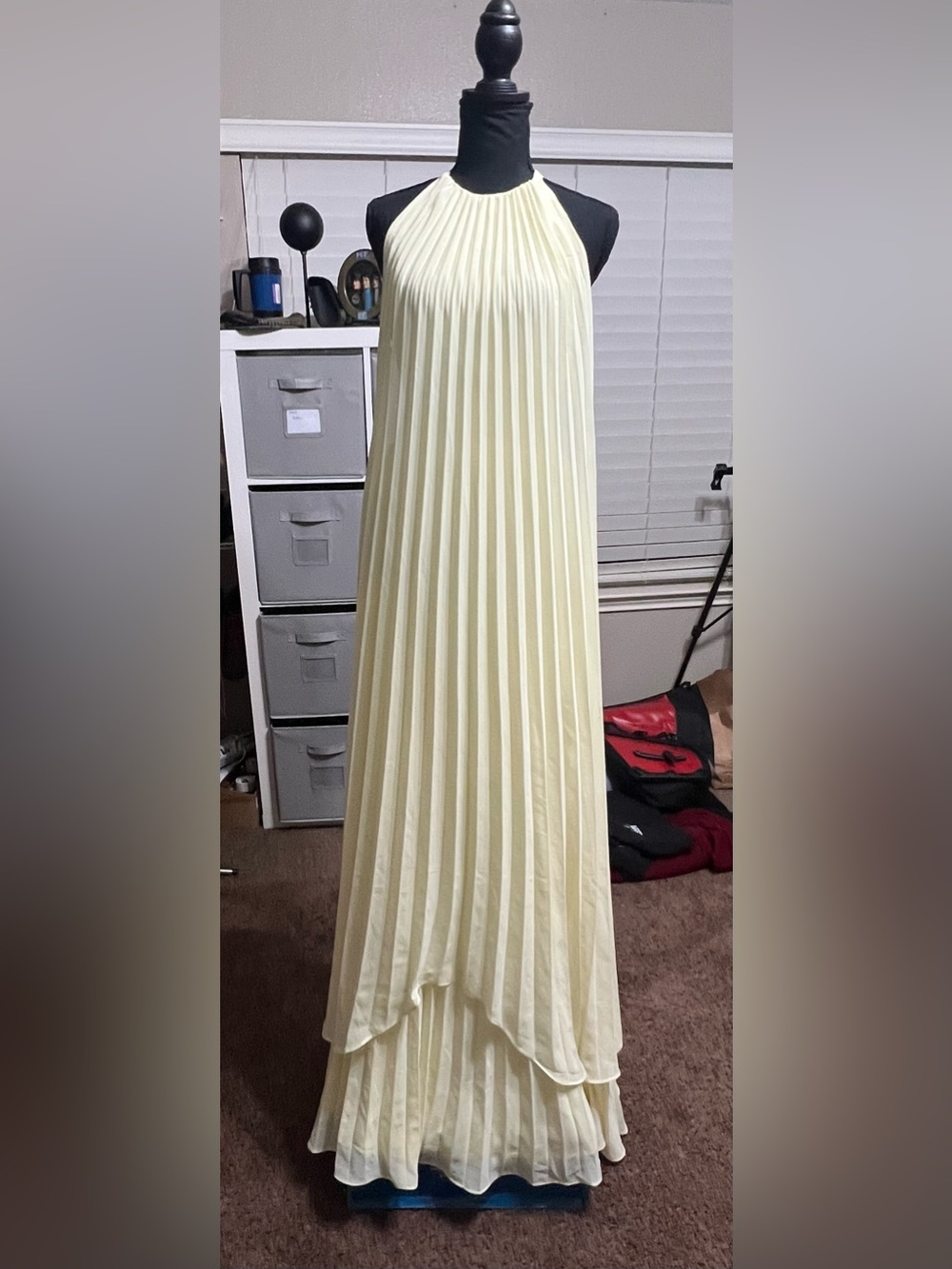 Dorala Light Yellow Pleated Lace-Up Tiered Maxi Dress. NWT- SZ-Med